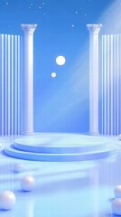 Leinwandbilder - A serene blue stage with columns and spheres, ideal for presentations or artistic displays.