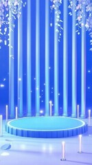 Leinwandbilder - A blue-lit stage with vertical columns and candles, designed for performances or events.