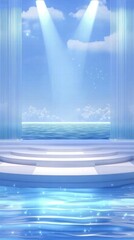 Aufkleber - A serene stage by the ocean, illuminated by soft beams of light, creating a tranquil atmosphere.