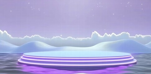 Aufkleber - A serene, illuminated platform over water with a dreamy purple sky and soft clouds.