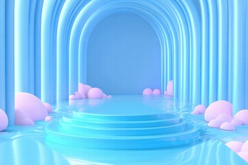 Aufkleber - A serene blue archway scene with soft pink clouds and reflective water.
