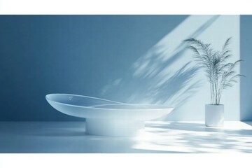 Poster - A minimalist bathroom scene featuring a modern bathtub and a potted plant against a blue wall.