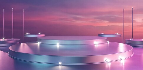 Aufkleber - A futuristic stage setup with circular platforms and soft lighting against a colorful sky.