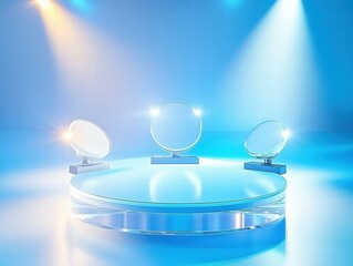 Aufkleber - A minimalist display featuring three illuminated mirrors on a circular platform.