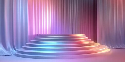 Leinwandbilder - A colorful stage with layered steps and draped curtains, designed for performances or presentations.