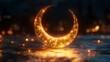 © Popi - Glowing crescent moon with intricate design at night.