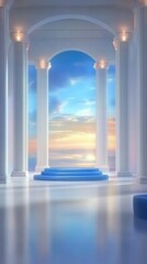 Aufkleber - A serene architectural space with columns and a view of a sunset over the ocean.