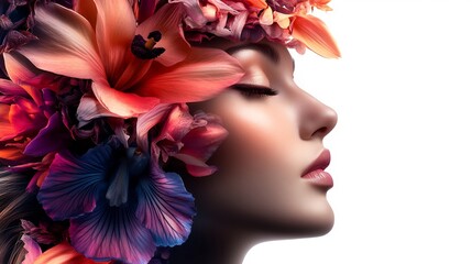 Wall Mural - Floral Beauty: A Serene Portrait of a Woman Adorned with Vibrant Flowers