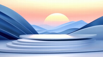 Aufkleber - Abstract landscape with layered platforms and a sunrise backdrop.