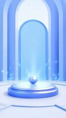 Aufkleber - A serene blue space featuring a glowing orb on a pedestal, suggesting a futuristic theme.