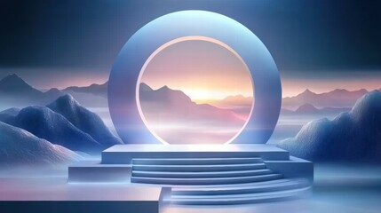 Leinwandbilder - A surreal landscape featuring a circular portal against a backdrop of mountains and soft light.