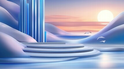 Leinwandbilder - A serene landscape featuring stylized mountains, a reflective water body, and a sunset.