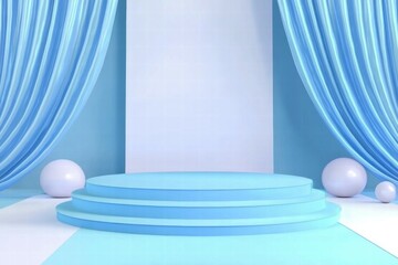 Aufkleber - A minimalist stage setup with blue curtains and circular platforms, ideal for presentations.