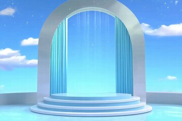 Aufkleber - A stylized stage with a blue arch and steps, set against a bright sky.