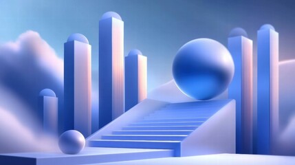 Leinwandbilder - A surreal landscape featuring geometric shapes, stairs, and spheres in a soft color palette.