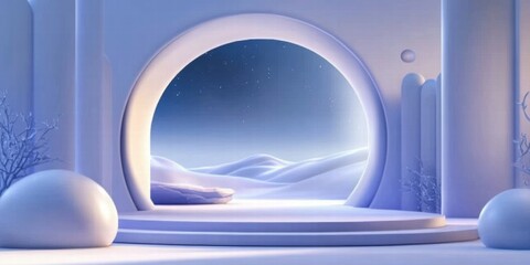 Leinwandbilder - A serene, minimalist landscape with a large arch framing a snowy scene under a starry sky.