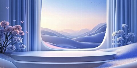 Poster - A serene landscape with soft mountains and a tranquil atmosphere, framed by elegant curtains.