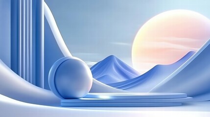 Aufkleber - A serene digital landscape with soft blue tones, featuring mountains and a rising sun.