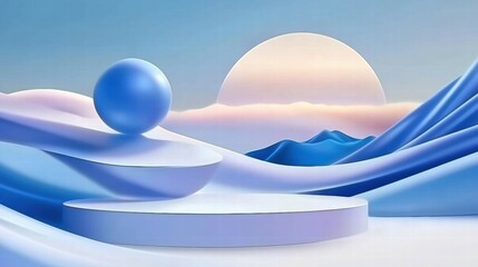 Aufkleber - A serene landscape featuring smooth, curved shapes and a large sun in a pastel color palette.