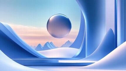 Poster - A surreal landscape featuring a reflective sphere amidst smooth, flowing blue shapes and mountains.