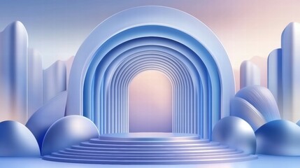 Aufkleber - A serene, abstract landscape featuring layered arches and smooth shapes in soft blue tones.