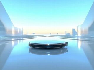 Poster - A futuristic, minimalistic platform in a serene, high-tech environment.