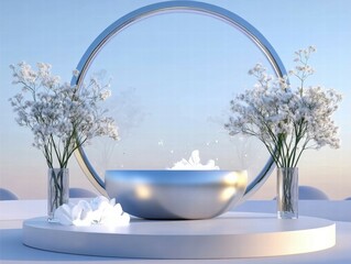 Aufkleber - A serene display featuring a silver bowl and white flowers, set against a soft background.