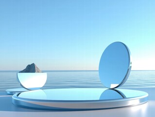 Aufkleber - A serene landscape featuring reflective surfaces and a rocky formation over calm waters.