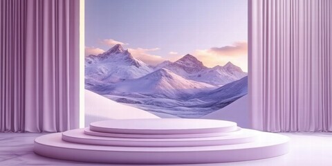 Aufkleber - A serene stage set against a backdrop of snow-capped mountains and soft pastel skies.