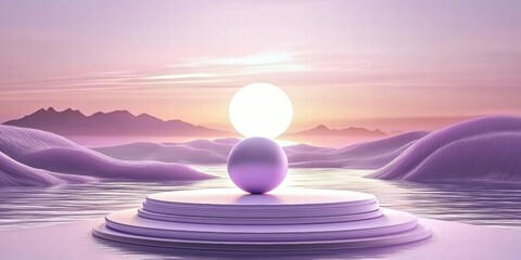 Aufkleber - A serene landscape featuring a central orb and sun against soft, purple-hued mountains.