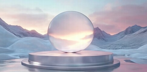Poster - A glass sphere sits on a reflective pedestal amidst a serene, snowy landscape at sunset.