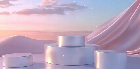 Aufkleber - A serene setting with circular podiums against a pastel sky, ideal for presentations or displays.