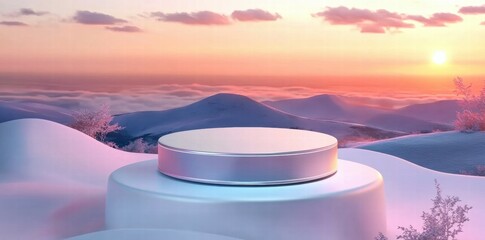 Poster - A serene landscape with a circular platform at sunset, surrounded by snowy hills.