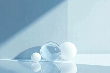 Poster - A minimalist composition featuring spheres and a glass orb in soft lighting.