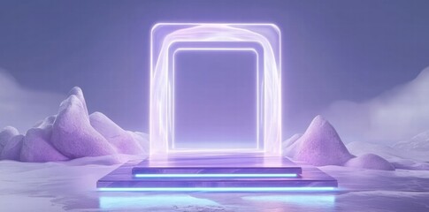 Aufkleber - A glowing portal on a platform amidst snowy hills, suggesting a mystical or futuristic theme.