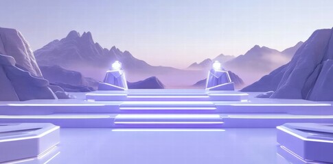 Aufkleber - A serene, futuristic landscape with steps leading to illuminated structures against mountains.