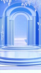 Aufkleber - A serene blue interior featuring arches, columns, and a circular platform, evoking elegance.