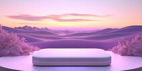 Aufkleber - A serene landscape with a minimalist platform against a purple sunset backdrop.