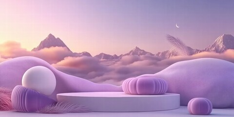 Poster - A serene pastel landscape with abstract shapes and soft clouds at sunset.