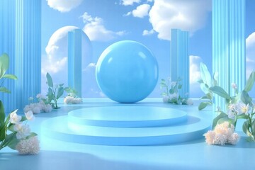 Aufkleber - A serene blue scene with a central sphere, surrounded by plants and clouds.
