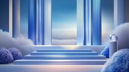 Aufkleber - A serene, ethereal stage with blue columns and clouds, suggesting a dreamlike atmosphere.
