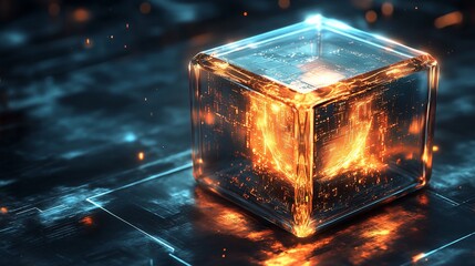 Wall Mural - glowing cube with fiery core on tech surface.