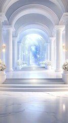 Aufkleber - A serene, ethereal hallway with white pillars and soft lighting, evoking tranquility.