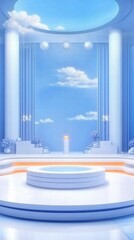 Leinwandbilder - A serene, modern stage set with blue tones, columns, and decorative elements for presentations.