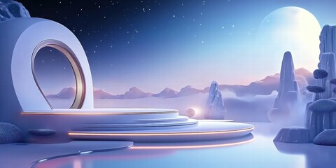 Aufkleber - A serene futuristic landscape with a circular portal and mountains under a starry sky.