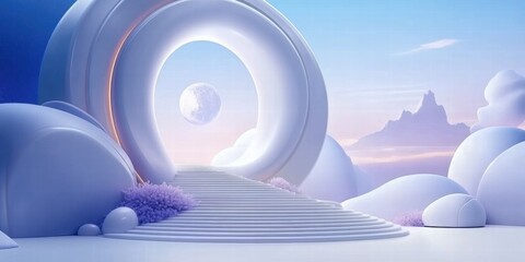 Aufkleber - A serene, futuristic landscape featuring a circular portal and soft, cloud-like formations.