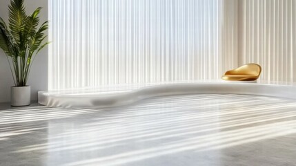 Aufkleber - A minimalist interior featuring a sleek white bench and a golden chair with natural light.