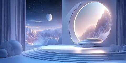 Poster - A serene, futuristic landscape with a circular portal overlooking mountains and a distant planet.