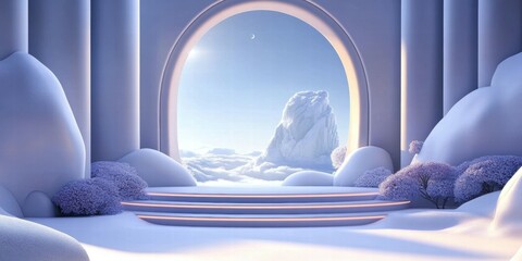 Poster - A serene, ethereal landscape featuring a majestic archway and soft, snowy hills.
