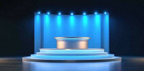 Aufkleber - A modern stage setup with blue lighting, designed for presentations or performances.